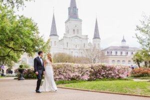 New Orleans wedding bride and groom in Jackson Square at St. Louis Cathedral
